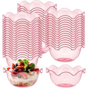 Newtay 50pcs 6oz Small Plastic Dessert Bowls Ice Cream Bowls Reusable Flower Shaped Party Serving Elegant Buffet Serving Cups for Nuts, Salad, Fruit, Snacks and Yogurt (Pink)