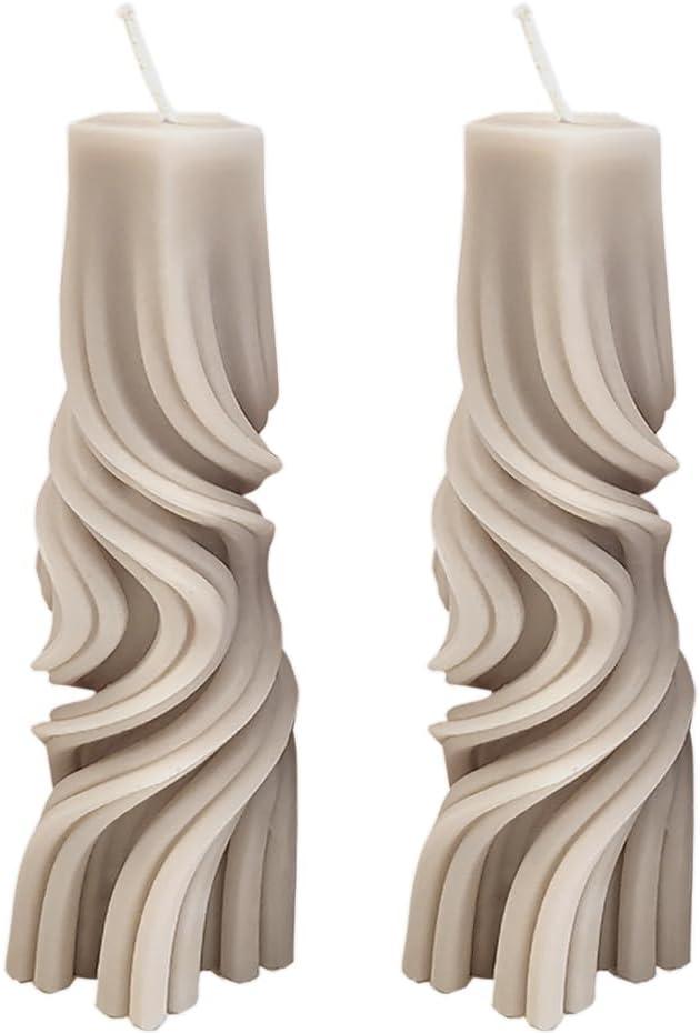 Christmas Wavy Soy Pillar Scented Candles Small Decorative Candles for Women Men Home Spa Gifts, Beige Striped Funny Cool Shaped Unique Pillar Candle Modern Home Aesthetic Decor, 2Pack