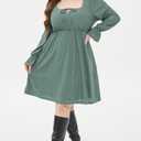 AlvaQ Plus Size Dresses for Women Square Neck Long Sleeve Dress Embroidery Eyelet A Line Sundress with Pockets L-4X (Green, XXL)