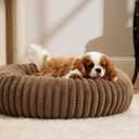 Bedsure ComfyFleece Donut Medium Dog Bed - Washable Faux Fur with Corduroy Fleece & Anti Slip Bottom, Round Pet Bed with Removable Cover, Camel Brown, 30x30x8 inches