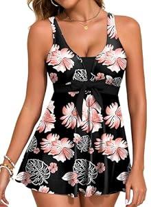 Aleumdr Women's 2026 Tankini Set Printed Swimsuits Tummy Control Bathing Suits Two Piece High Waisted Swim Dress with Pockets Black Floral X-Large
