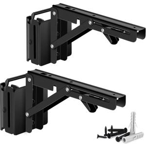 E Track Folding Fixed Shelf Brackets 2 Pcs 8 inch Black Heavy Duty Metal DIY E-Track Collapsible Shelf Hinge Etrack Accessories for Workbench Table Shelves in Enclosed Trailer, Truck