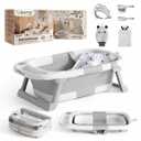 6-in-1 Collapsible Baby Bathtub Set with Thermometer, Foldable Infant Tub for Newborn to Toddler, Portable Bath Set with Cushion, Rinse Cup, Cap, Towel & Mitt, All-in-One Baby Bath Essentials