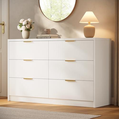 MapleGrace 53" Wide 6 Drawer Dresser for Bedroom, Modern Simple Wood Dresser Chest of Drawers Closet Store Organizer for Living Room, Hallway (White, 15.4" D x 53.1" W x 30.9" H (6 Drawers))