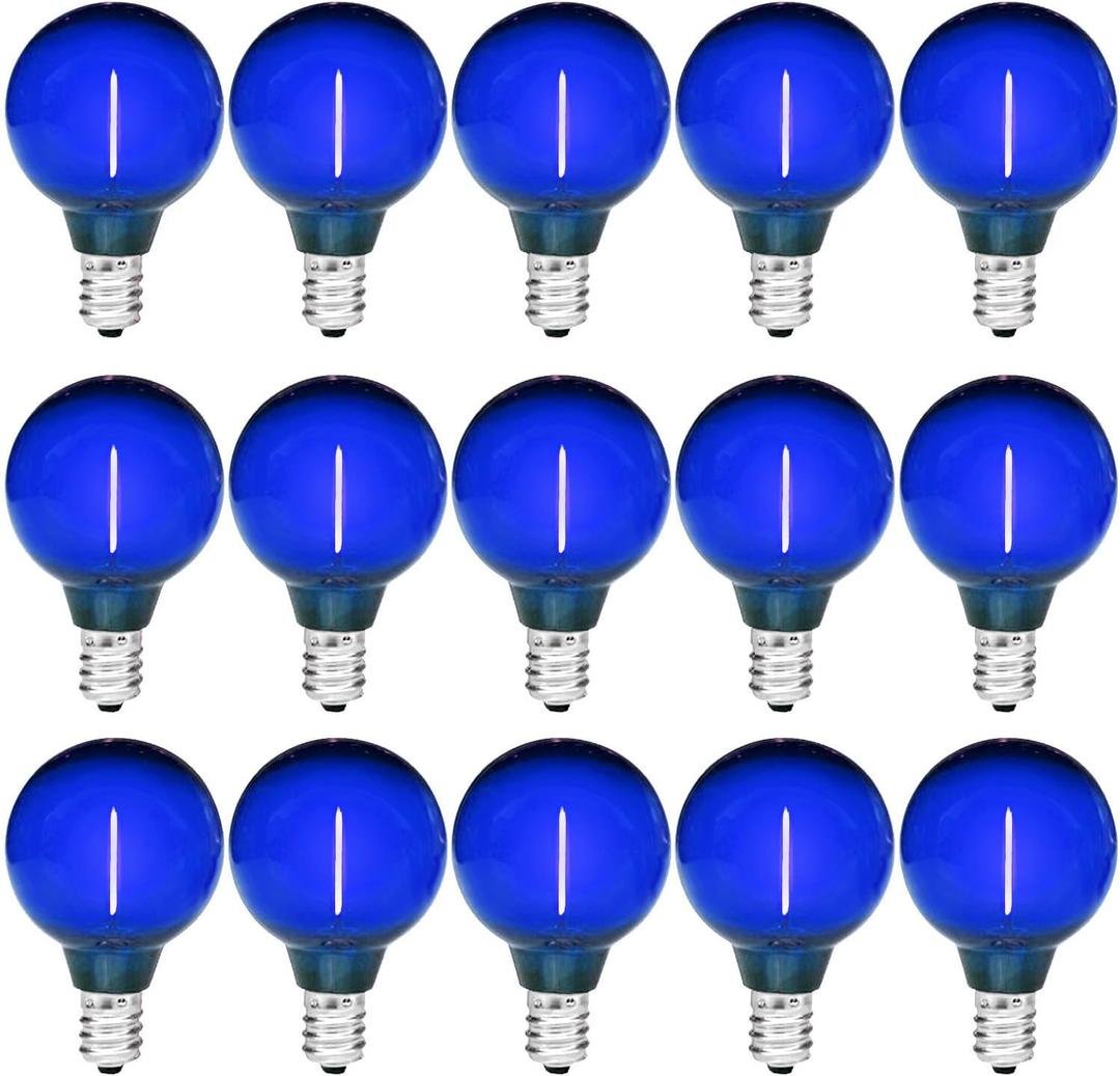 15 Pack G40 Blue Light Bulb LED Christmas Replacement Bulbs, 1 Watt E12/C7 Candelabra Base Globe Light Bulbs for Outdoor String Lights, Shatterproof Plastic Clear Night Light Bulbs, 120 Volt