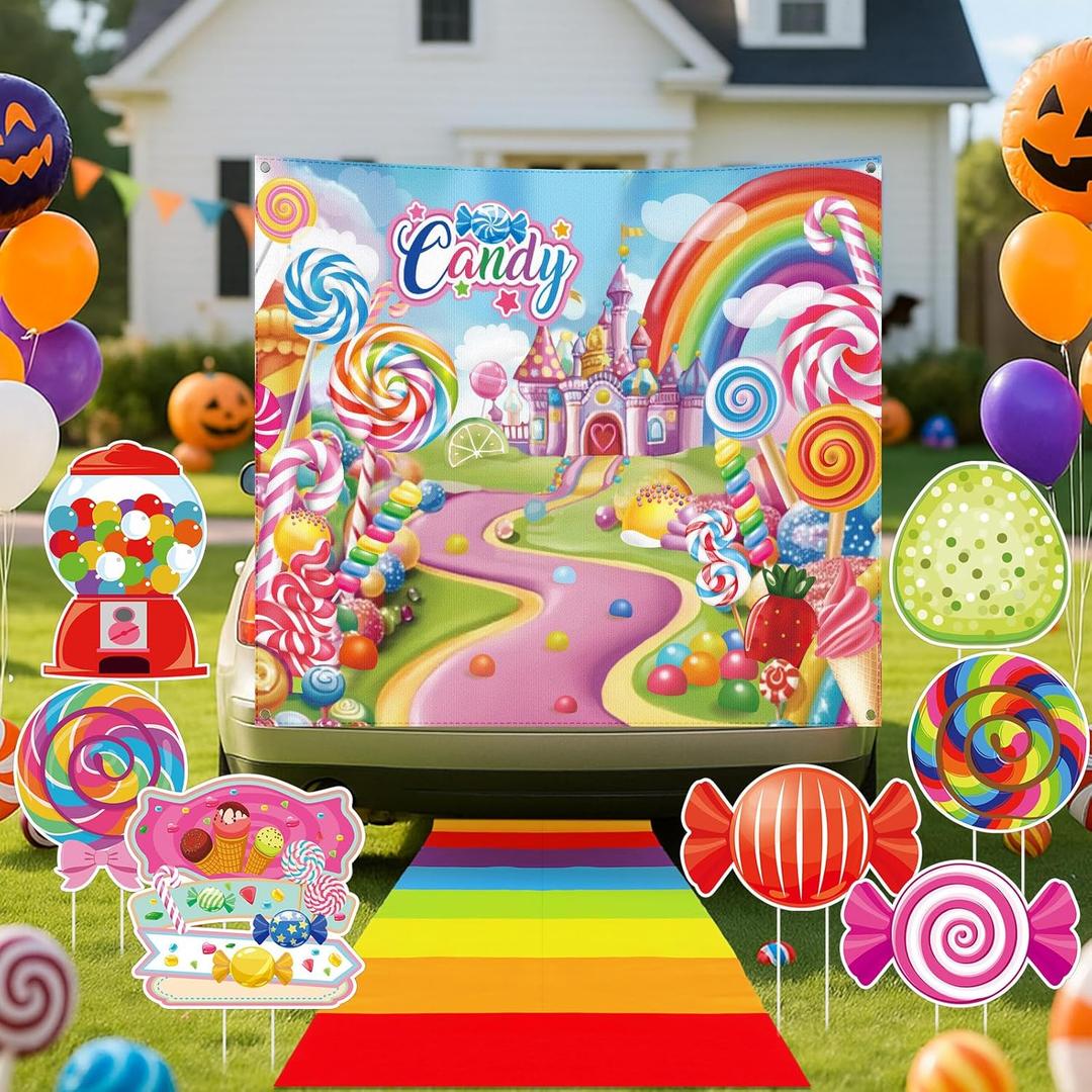 Halloween Candy Trunk or Treat Car Decorations Kit Outdoor with Sweet Candy Banner Stair Cloth Lollipop Yard Sign Theme for SUV Car Archway Garage Door Haunted House Party Decor