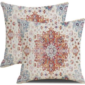 Boho Throw Pillows Cover 18x18 Inch Orange Blue Teal Ethnic Carpet Pillow Covers Set of 2 Farmhouse Fall Coral Floral Linen Decorative Pillow Cases for Outdoor Living Room Couch Sofa Decor