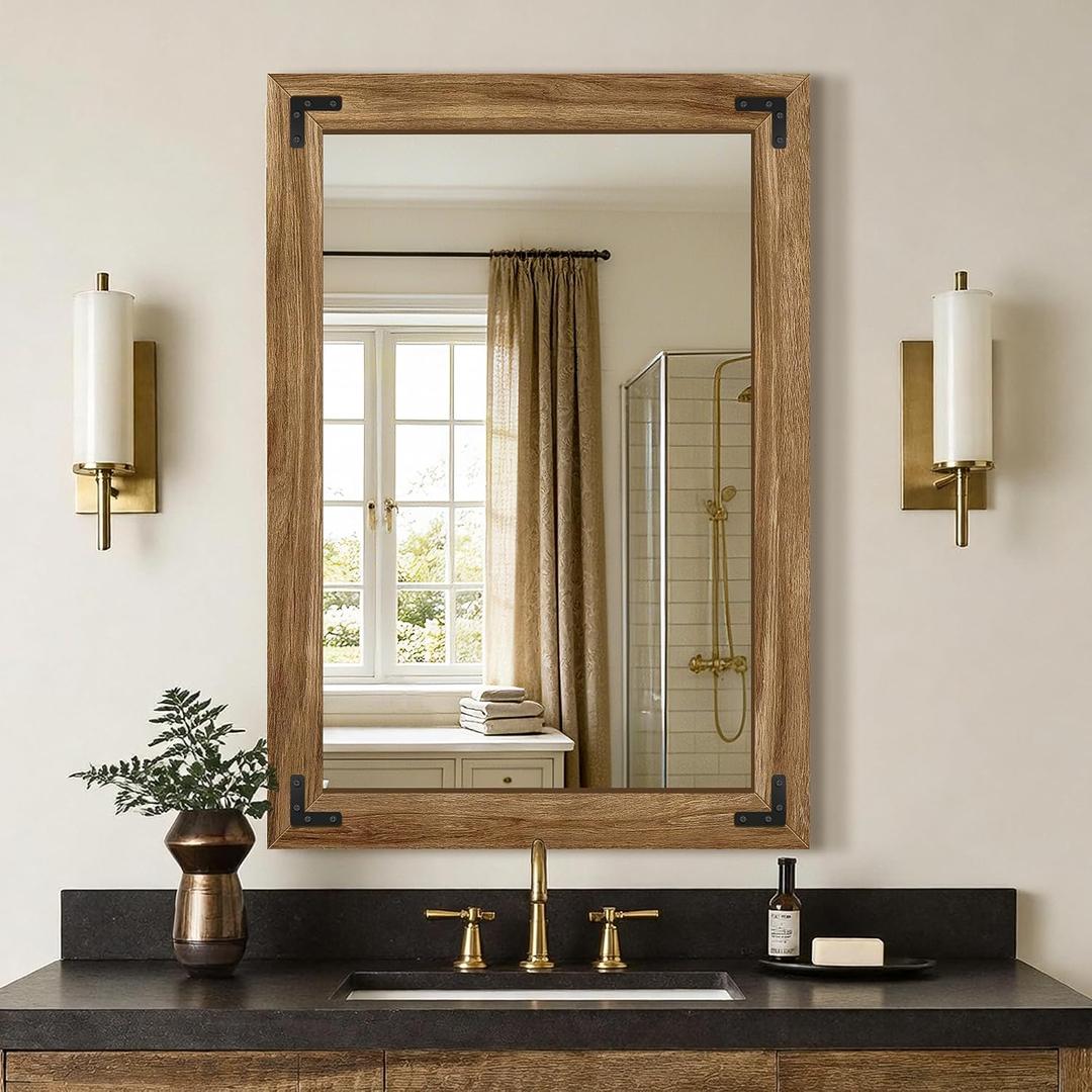 AMOISE Farmhouse Bathroom Vanity Mirror, 40" x 28" Wood Frame Wall Mirror, Vintage Rustic Decor for Entryway, Bedroom, Living Room, Vertical or Horizontal Hanging