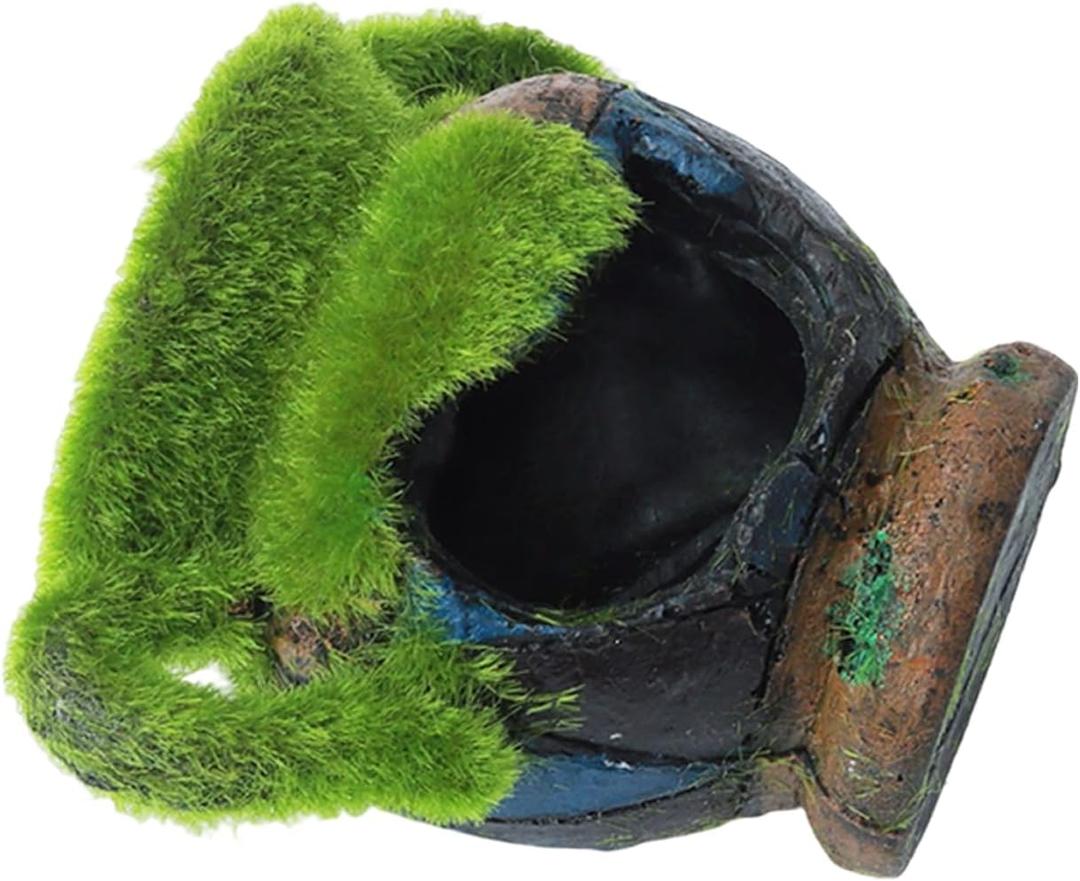 Saim Aquarium Broken Jar Decoration, Resin Fish Cave Toys Hole Accessories,Cute Pot with Moss Hideout Cave Ornaments for Betta Amano Shrimp Cichlid to Play,Hide and Rest