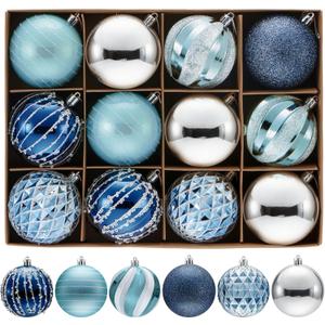JOYIN 12 Pcs Blue Silve Christmas Balls Ornaments Set, 3.15'' Glittering Tree Hanging Christmas Decorations, Xmas Large Shatterproof Indoor Decor for Tree Wreath Holidays Wedding Party