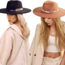 2 Pack Wide Brim Stylish Felt Panama Hats for Women & Men - Classic Fedora Hats With Belt Buckle 