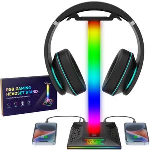 Gaming Headphone Stand PC Accessories - RGB Headset Stand with 2 USB and 1 Type-C Ports, LED Headphone Stand Gift for Boys Men, Computer Game Accessories for Desk