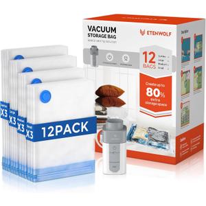 ETENWOLF 12 Pack Vacuum Storage Bags with Rechargeable Wireless Pump, Vacuum Seal Bags for Clothes and Travel, Space Saver Bags in Multiple Carry-On Sizes, Perfect for Luggage and Suitcases