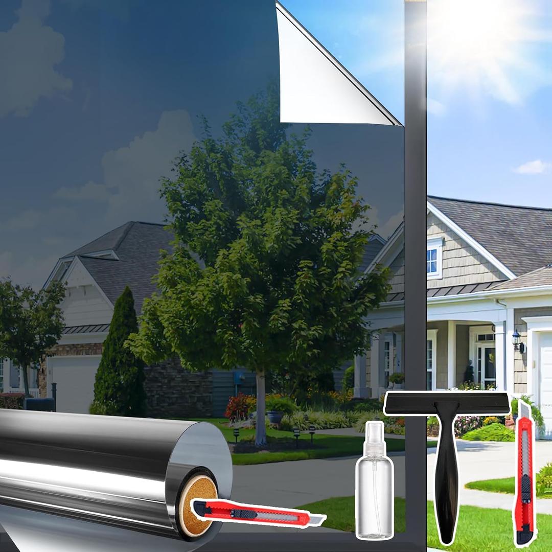 Window Privacy Film See Out Not in, One Way Privacy Window Film, Removable Window Tint for Home, Reflective Static Cling Window Film Heat Blocking, Silver, 17.5 inch X 78.7 inch