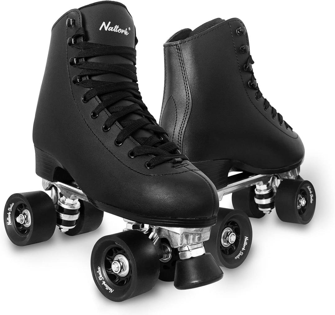Roller Skates for Women with PU Leather High-top Double Row Rollerskates, Unisex-Adult Indoor Outdoor Derby Skate with Adjustable Fast Braking for Beginner (Black)
