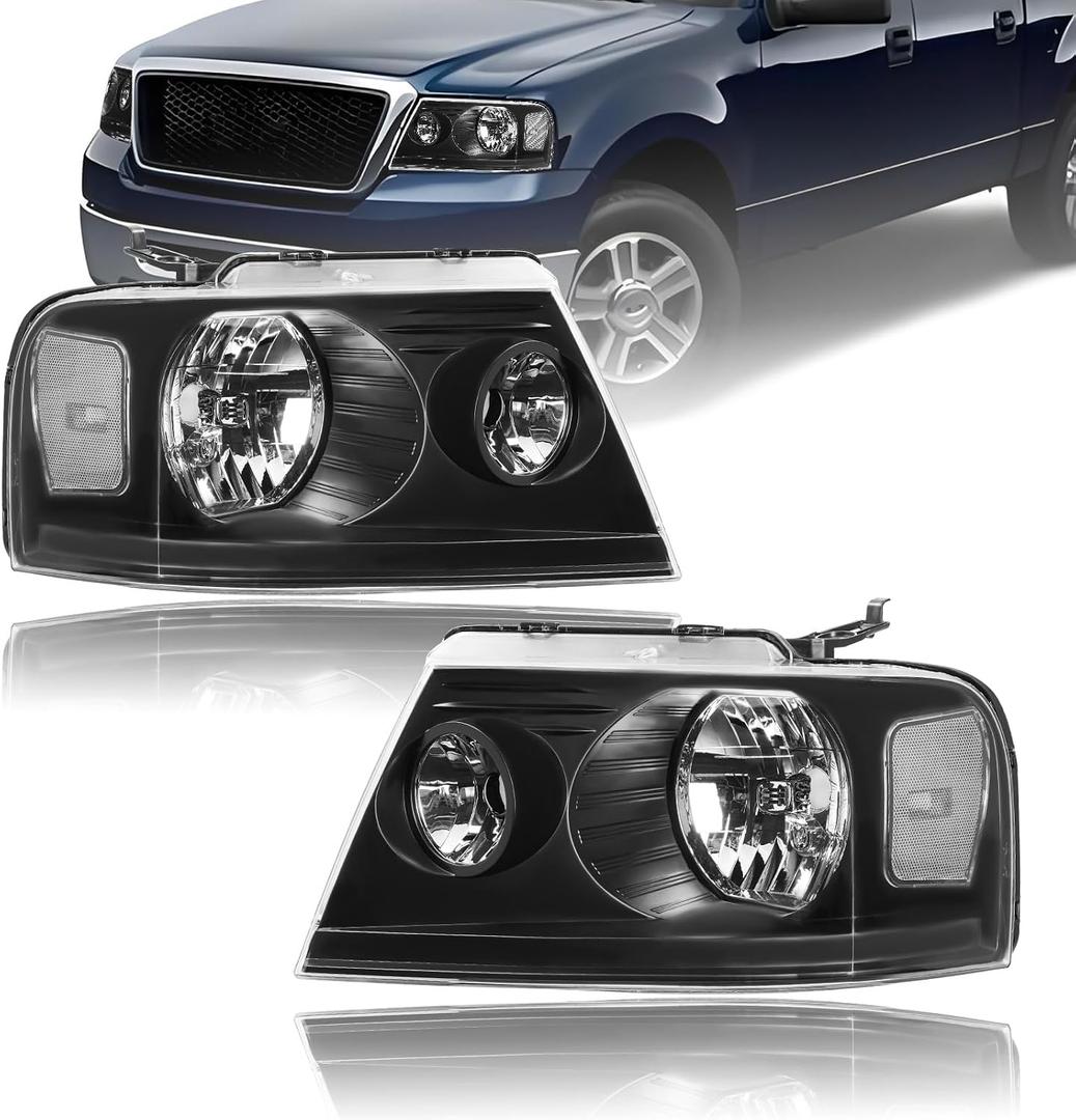 Headlights for 2004-2008 Ford F150 / 2006-2008 Lincoln Mark LT Pair Front Lights Replacement Headlamps Black Housing Clear Reflector