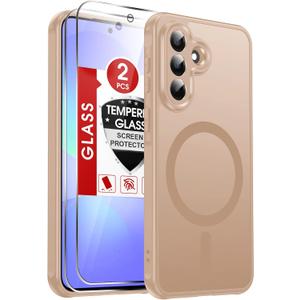 LeYi for Galaxy A37-5G Phone Case: Samsung Galaxy A37 5G Case with [2 Packs] Tempered Glass Screen Protector, [Magnet Fit] Matte Translucent Soft-Touch & Full Body Shockproof Funda para A 375G, Gold