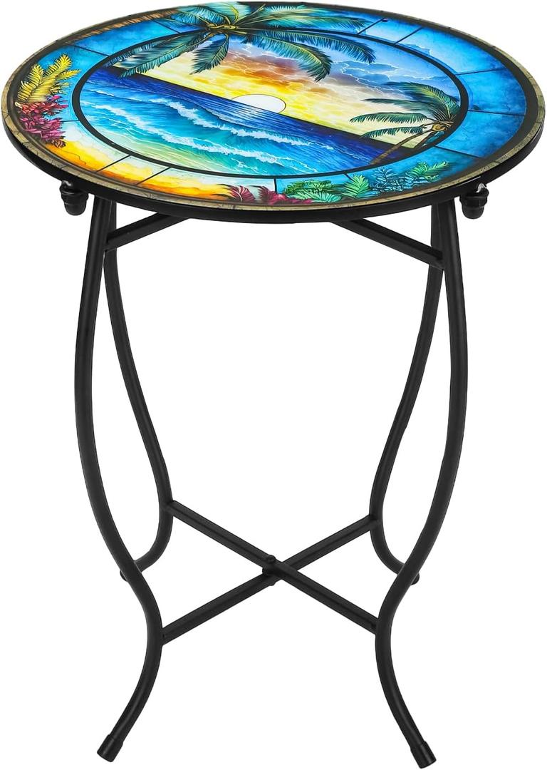 Indoor Outdoor Metal Round Side Table, 14 Inch Round Patio Coffee Bistro Table, Weather Resistant Black Metal Side Table for Patio Porch Garden Balcony Yard, Plant Stand for Indoor Outdoor Use (Beach)