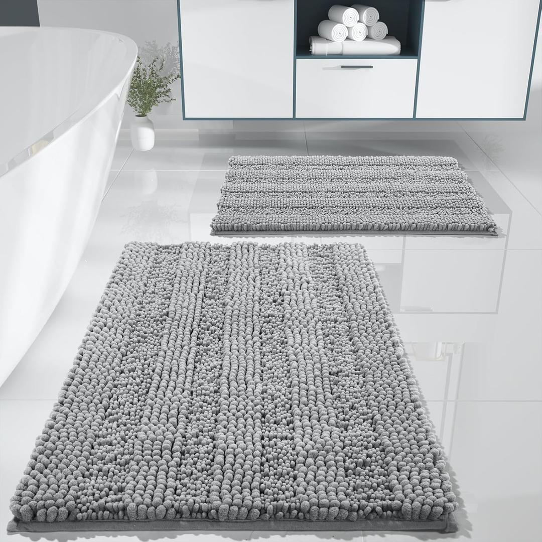 Bathroom Rug Set 2 Piece, Soft Absorbent Chenille Bath Mat Set, Non Slip Machine Washable Quick Dry, Plush Shower Rugs for Bathroom Floor Sink Tub and Shower Outside, 32"x20"+24"x17", Gray