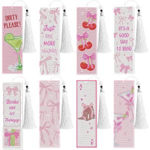 8 Pcs Bow Diamond Art Bookmarks Kit with Tassels, Cute Pink Diamond Painting Bookmarks for Women Book Lovers, DIY Bookmark Making Kit for Adults Beginners Aesthetic Crafts