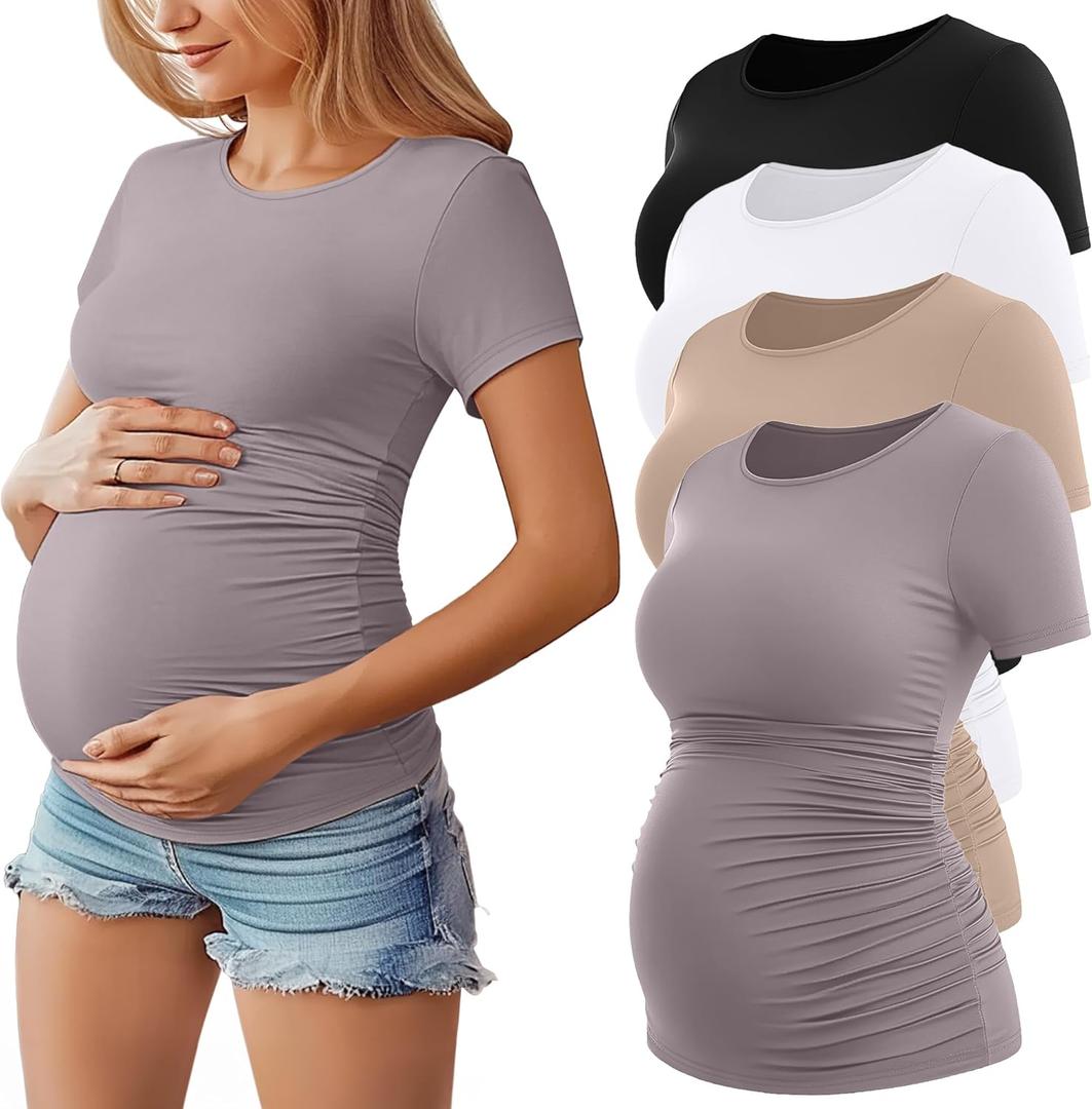 Huukeay 4 Pack Women's Maternity Shirts, Crew Neck Maternity Top Short Sleeve Casual Cotton Tee Side Ruched Pregnancy Clothes (Black, Grayish Purple, Khaki, White), S