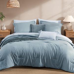 Oversized Queen Comforter Set-7 Pieces Soft Bed in a Bag Queen Bedding Sets | All Season Dusty Blue Prewashed Comforter Bed Sets with Striped Sheets, Pillowcases & Shams