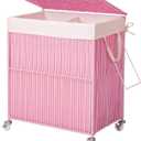 WOWLIVE Laundry Hamper with Wheels, Handwoven Rolling Laundry Basket with Lid, Clothes Hamper with Divided Removable Liner Bag, 115L Large Capacity Laundry Sorter Laundry Room Organization, Pink (115L(22 x 13 x 26.4 Inches))