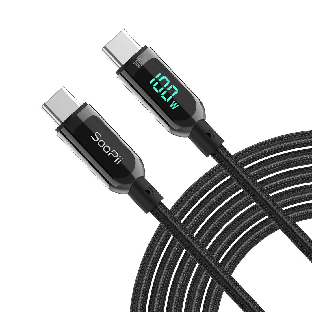 SOOPII 100W 4ft USB C to USB C Cable Fast Charge, Nylon Braided Cable with LED Display for lPhone 16/15 Pro/15 Plus/15 Pro Max,lPad Air,MacBook Pro,Galaxy S24/S23, Pixel, LG (Black)