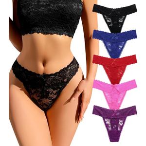 Sexy Thongs for Women Flora Lace Underwear T-Back See Through Soft Stretch Low Waisted Ladies No Show Panties 5Pack, Medium