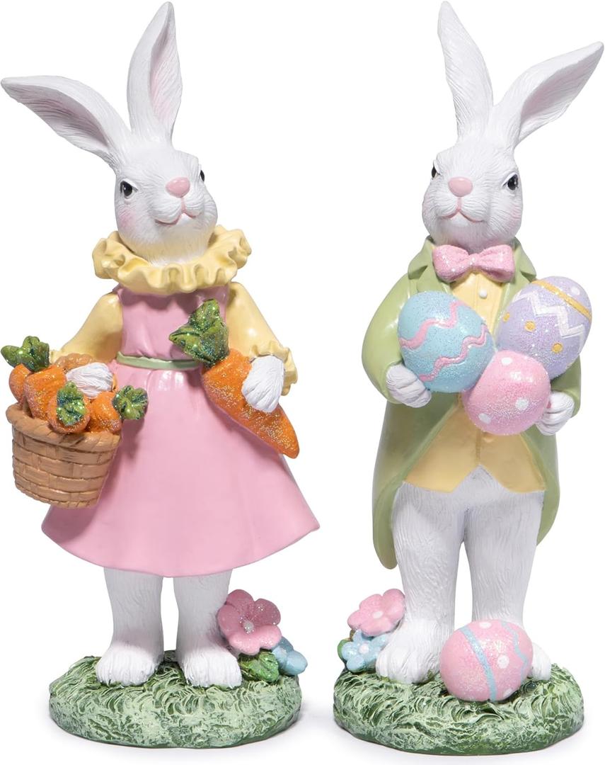 Hodao Easter Bunny Decoration Spring Rabbit Decor Gifts Handcrafted Resin Figurines Colorful and Charming Spring Decor for Home, and Holiday Celebrations (Set of 2) (White)