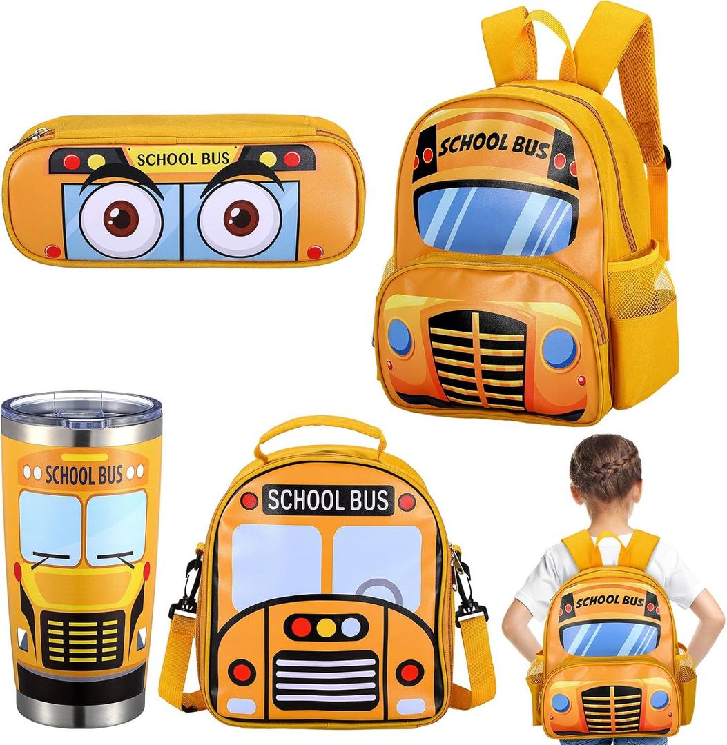 Toddler School Backpack School Bus Backpack Boy School Bus Bookbag 4 in 1 Kindergarten 3D Daycare Bags with Insulation Lunch Box Set for Kids Toddler Preschool Boys Girls
