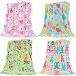 Tegeme 4 Pack Easter Bunny Eggs Blanket 50 x 60 Inch Easter Flannel Throw Blanket, Cute Bunny Rabbit Egg Flower Leaves for Lightweight Soft and Warm Blankets for Sofa Living Room (Mixed)