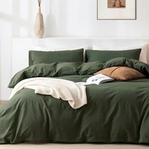 King Duvet Cover Set- 100% Washed Cotton 3 Pcs Soft Comfy Breathable Chic Linen Feel Bedding, 1 Duvet Cover and 2 Pillow Shams, Olive Green