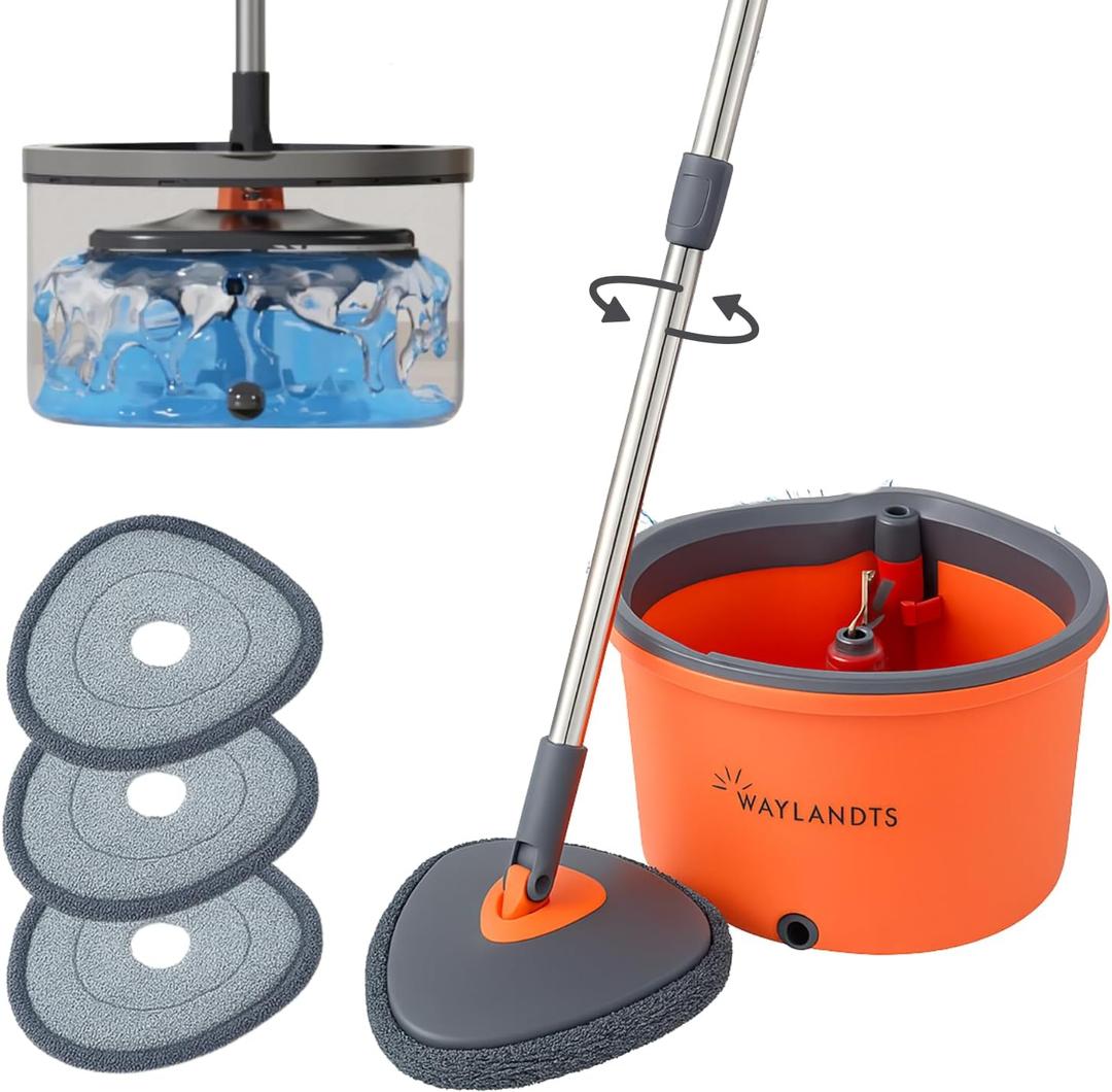 Spin Mop & Tear Drop Bucket Set with 3 Pads - Dual Compartment Design for Clean & Dirty Water, 360 Swivel Mop Head, Built-in Scrubbing Brush, Stainless Steel Handle