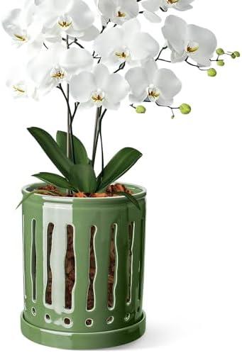 BUYMAX 6 Inch Ceramic Orchid Pot With Large Slotted Holes, Planter for Enhanced Air Circulation, Drainage Tray, Patina