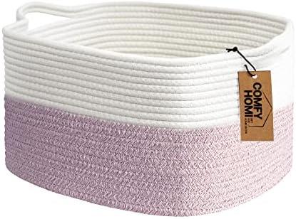 COMFY-HOMI Cotton Rope Woven Medium Basket with Handles for shelf，Cloth Storage Basket for Organizing-13.5X11X9.5 Storage Bin for Bedroom, Newborn or Infant Gift for boy girl （White/Pink）