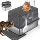 Stainless Steel Cat Litter Box with Lid, XL Extra Large Litter Box for Big Cats, 3-in-1 Enclosed Metal Pet Toliet with High Wall Sides Enclosure & Scoop Mat, Anti-Leakage, Non-Sticky, Easy Cleaning (Grey)