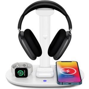 4 in 1 Wireless Charger with Headphone Stand Headset Holder & Station Dock for Apple Watch, AirPods Max/Pro/Pro 2/AirPods 4/ iPhone 16/15/14/13/12 LG, Samsung Galaxy, Huawei