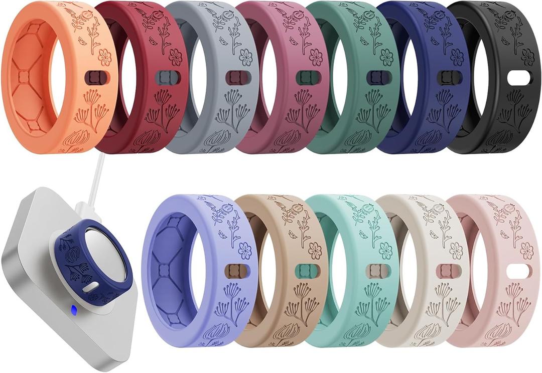 YWXTW Floral Cover for Oura Ring 4/3/ 4 Ceramic/Samsung/Ultrahuman, Support Charging Silicone Ring Protector for Women/Girls/Men, Dressy Accessories, 12 Pack (Multicolor, M)