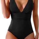 Eomenie Women's One Piece Swimsuit Tummy Control Bathing Suit V Neck Slimming 1 Piece Swimwear (Black Ribbed) S