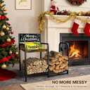 YIYYZI Firewood Rack, 35 in Decorative Firewood Storage Log Rack with Christmas Pattern, Solid Iron Indoor Outdoor Firewood Holder for Fireplace Wood Storage with 3 Fire Tools Hanging Hooks, Black