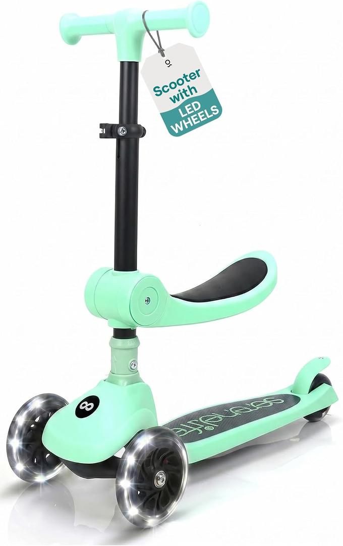 SereneLife 3 Wheel Scooter for Toddlers & Kids, Foldable Seat, LED Wheels, Adjustable Handlebar, Anti-Slip Deck, Rear Foot Brake, Lean-to-Steer, Kid Scooter, Supports up to 110 lbs (Mint Green)