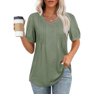 siliteelon Womens Blouses Dressy Casual Puff Short Sleeves Shirts Pleated V Neck Summer Loose Blouses Tunic Tops (Large, Lawn Green)