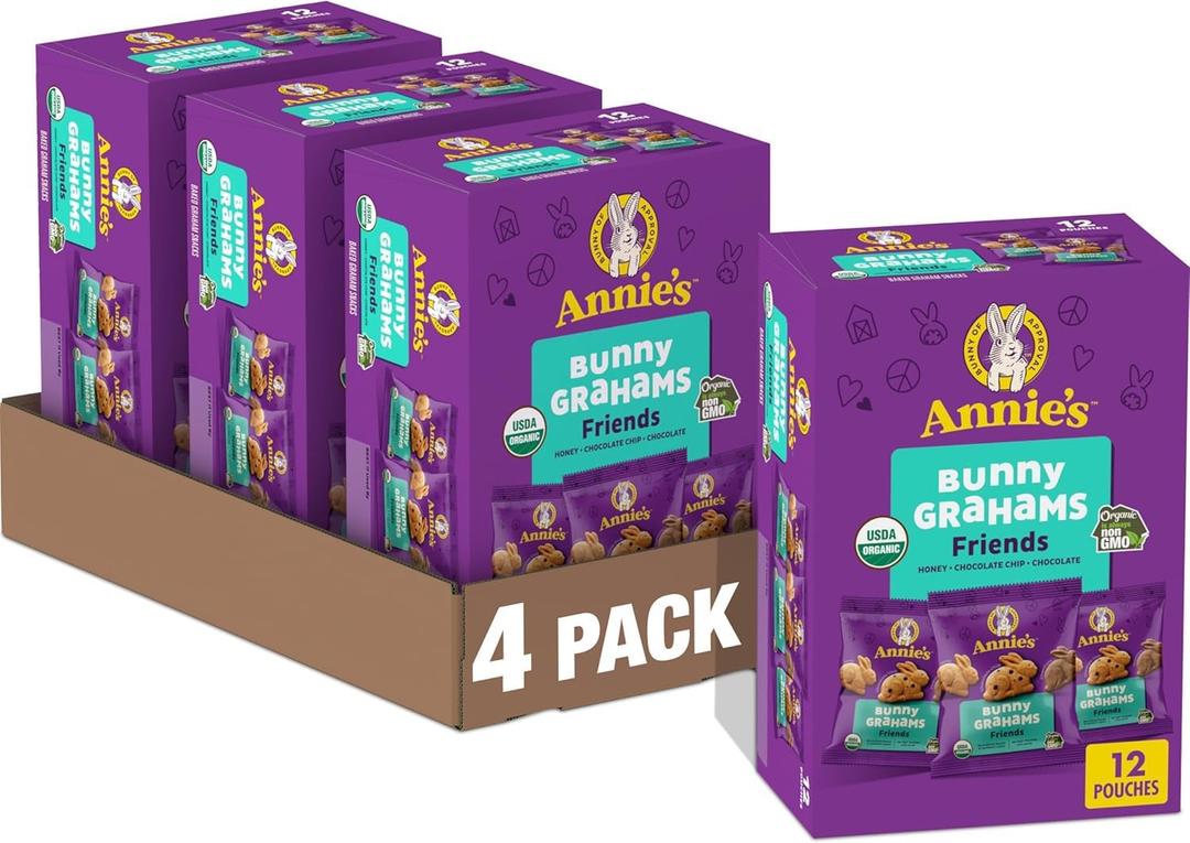 Annie's Organic Friends Bunny Grahams, Chocolate Chip, Chocolate, and Honey Baked Graham Snacks, 12 Pouches, 12 oz Chocolate, Honey & Chocolate Chip Flavors, USDA Certified Organic, No High-Fructose Corn Syrup (EXP 10/18/26)