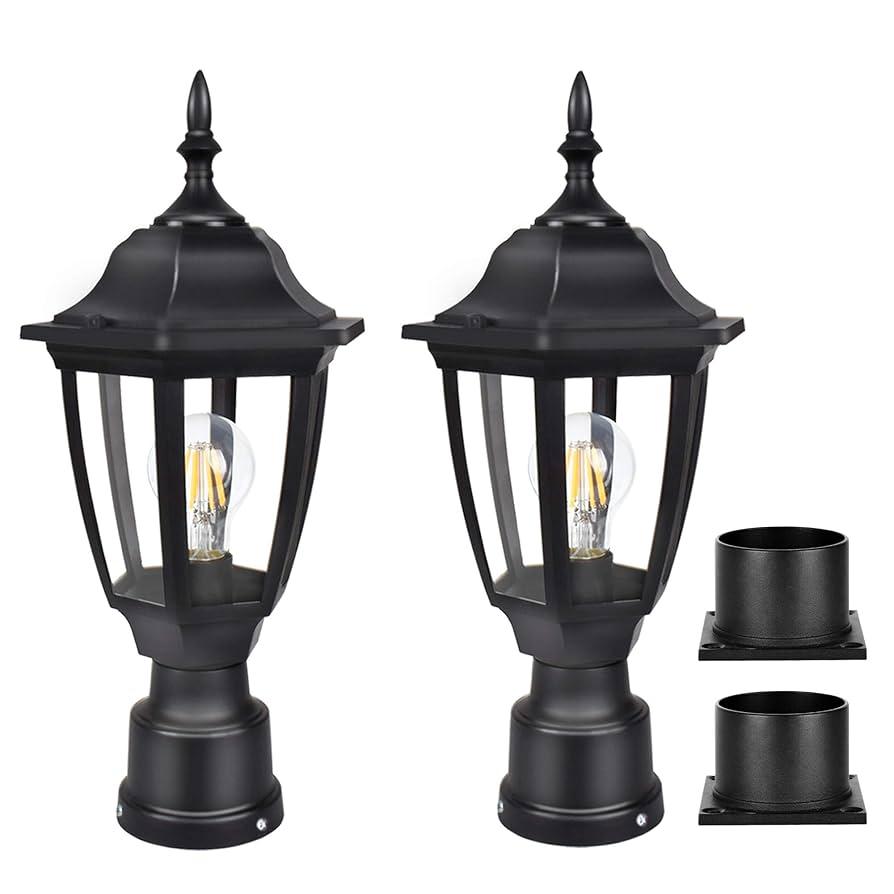 FUDESY Outdoor Post Lights, Electric Exterior Lamp Post Light Fixture with Pier Mount Base, LED Bulb Included, Anti Corrosion Plastic Materials, 2-Pack Pole Lanterns for Garden, Patio, Pathway (Black)