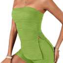 KIFOVEN Womens 2 Pieces Outfit Pleated Side Split Strapless Tube Top Shorts Set Summer Bandeau Going Out Set (Green, S)