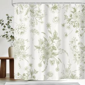 Sage Green Floral Shower Curtain 72Wx72H Inches Vintage Boho Blossom Bird Retro Rustic Farmhouse Chinoiserie Aesthetic Cream Fabric Waterproof Polyester Bathroom Home Decor Set with Hooks