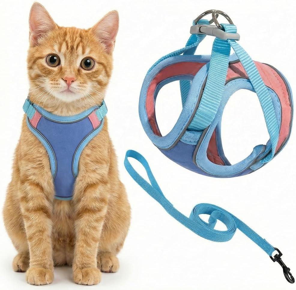 Escape Proof Cat Harness and Leash, Cat Collars, Harnesses & Leashes, Escape-Proof Cat Harness Set, Adjustable Step-in Pet Harness for Walking for Cats/Dogs (Blue, L)