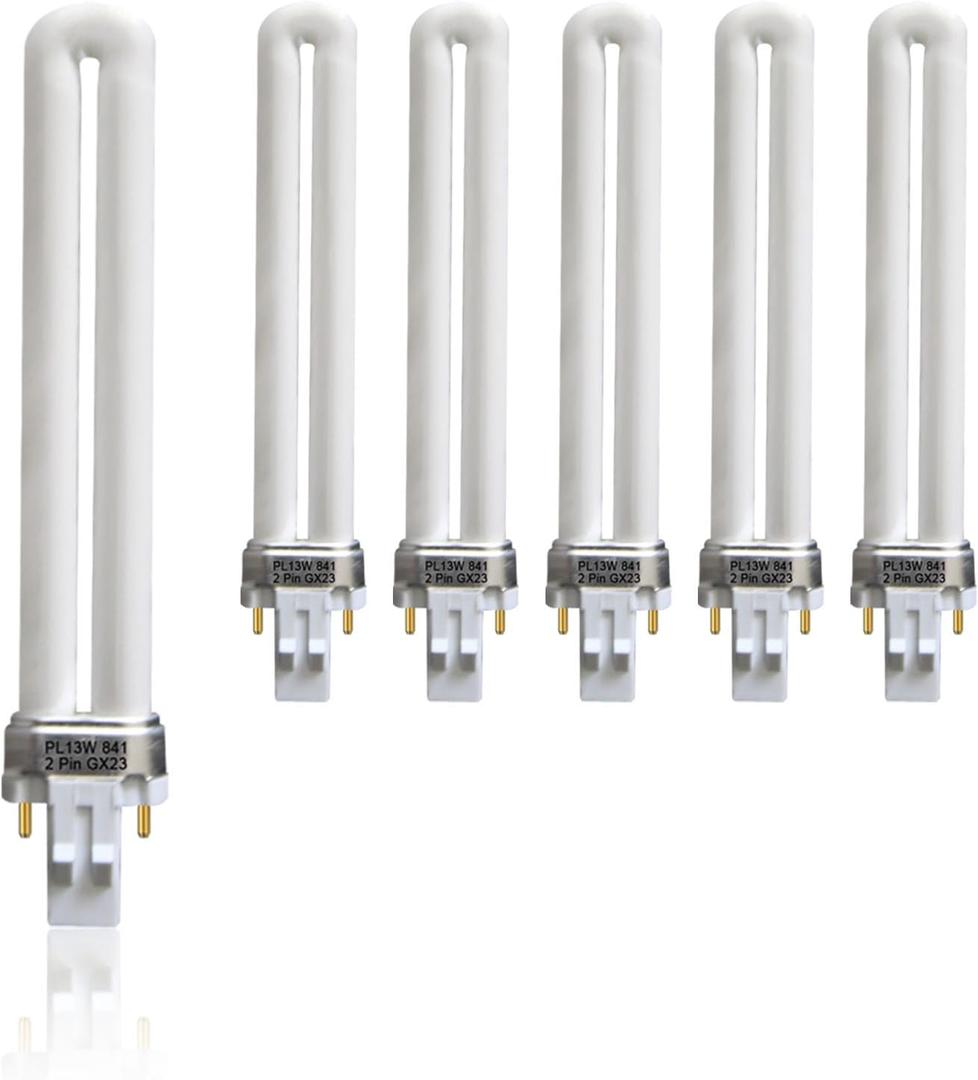 (6 Pack) 13 Watt Single Tube 2 Pin GX23 Base,PL-13W GX23 4100K Compact Fluorescent Light Bulb, Replaces Philips PLS13W41, Sylvania CF13DS/841/ECO,PL13/SP41K (4100K Cool White)