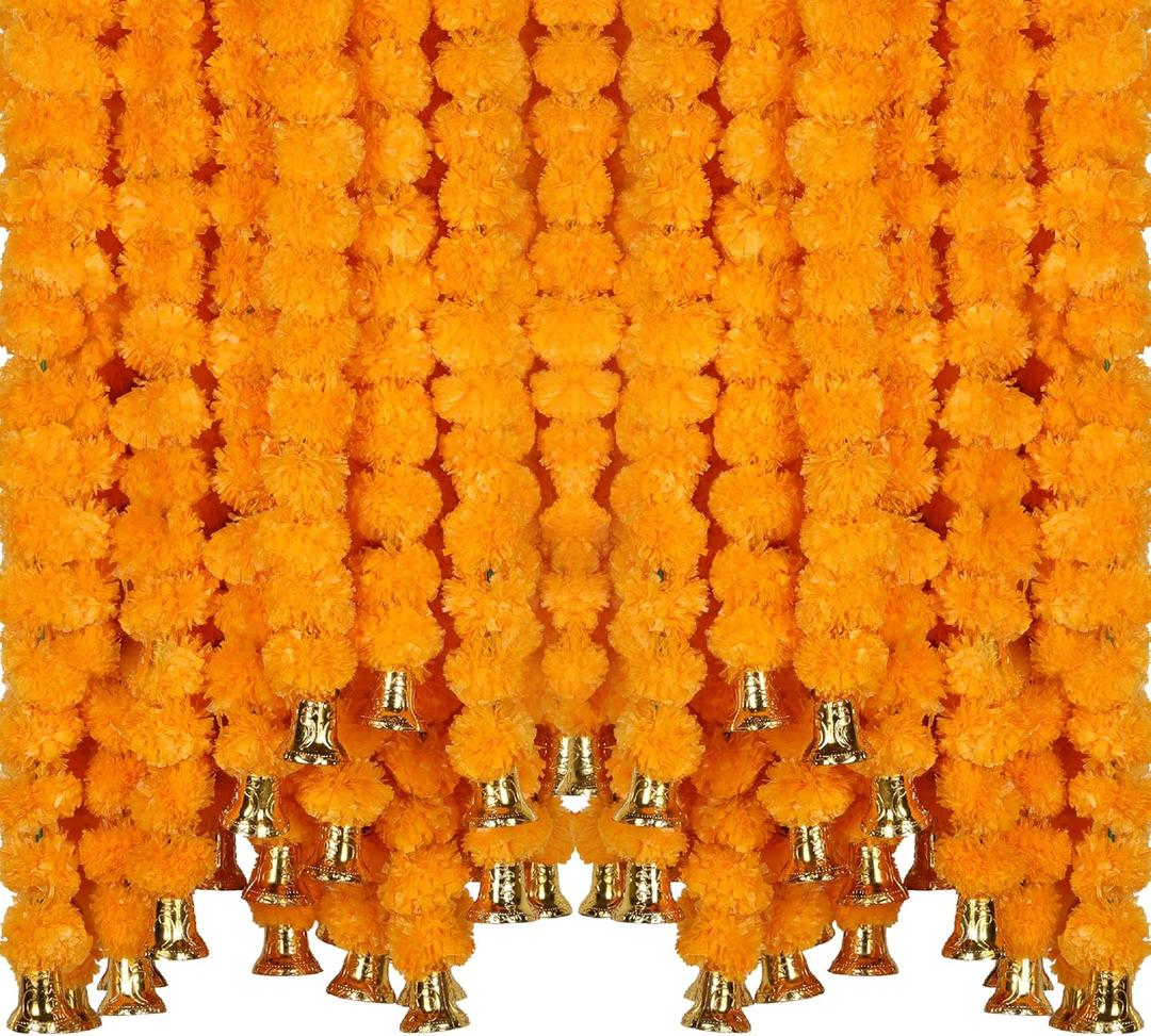 Marubhumi 5-PC Artificial Marigold Flower Garland 4.5 Feet Long Strands with Bells | Mango Color | Diwali, Wedding, Home, and Christmas Décor
